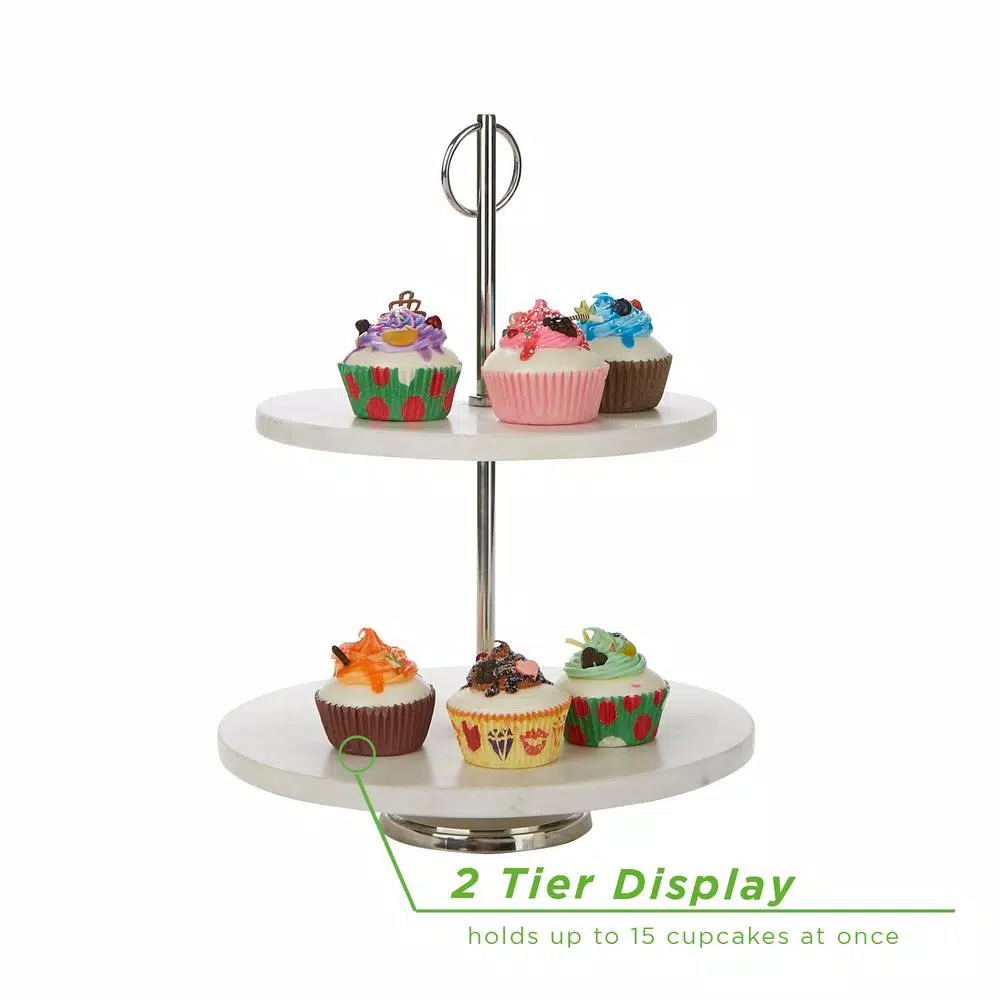 Mind Reader White 2-Tier Marble Pastry Stand, Elegant Cupcake Display Holder & Tiered Dessert Serving Tray
