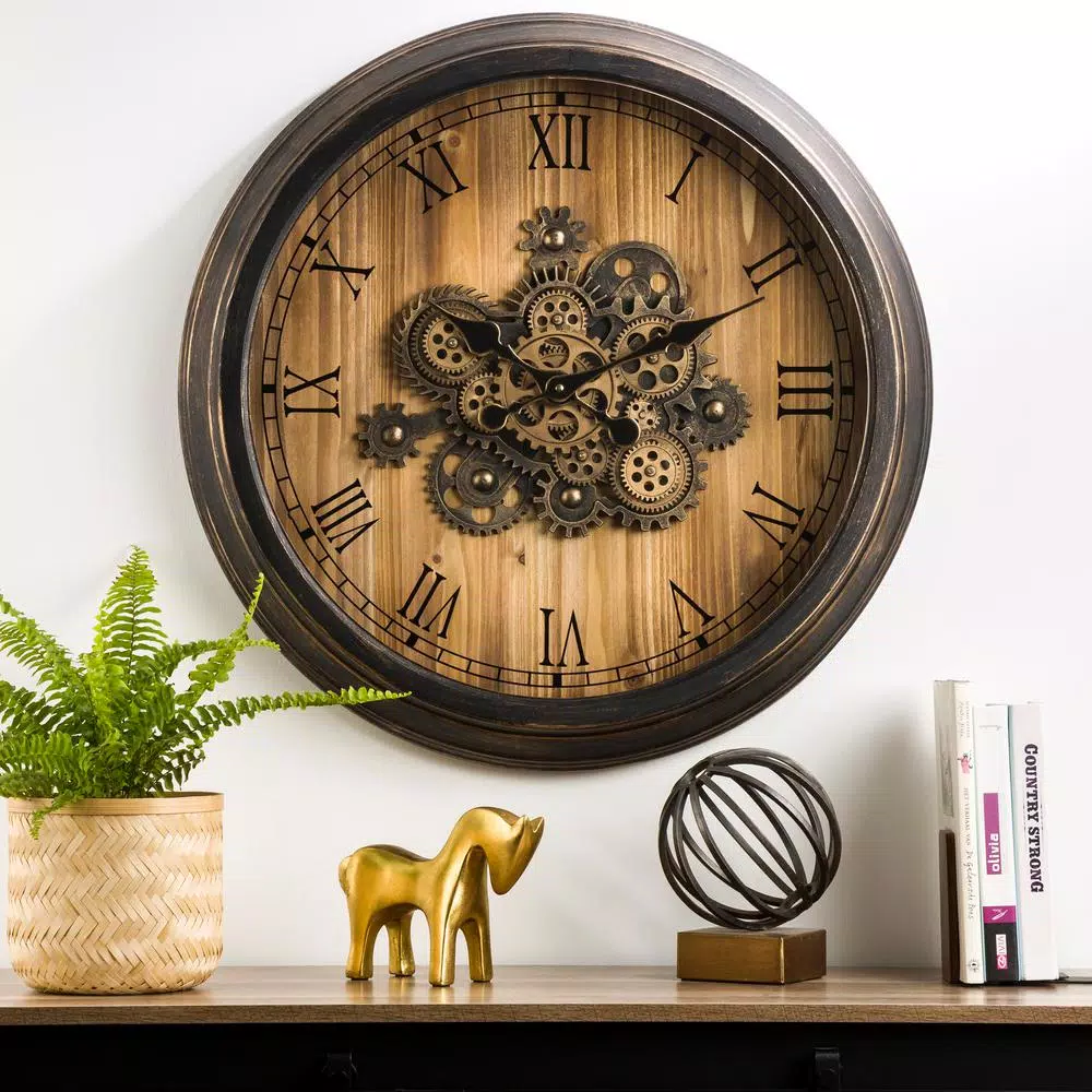 Glitzhome 27.76 in. Vintage Industrial Oversized Wall Clock with Moving Gears and Roman Numerals
