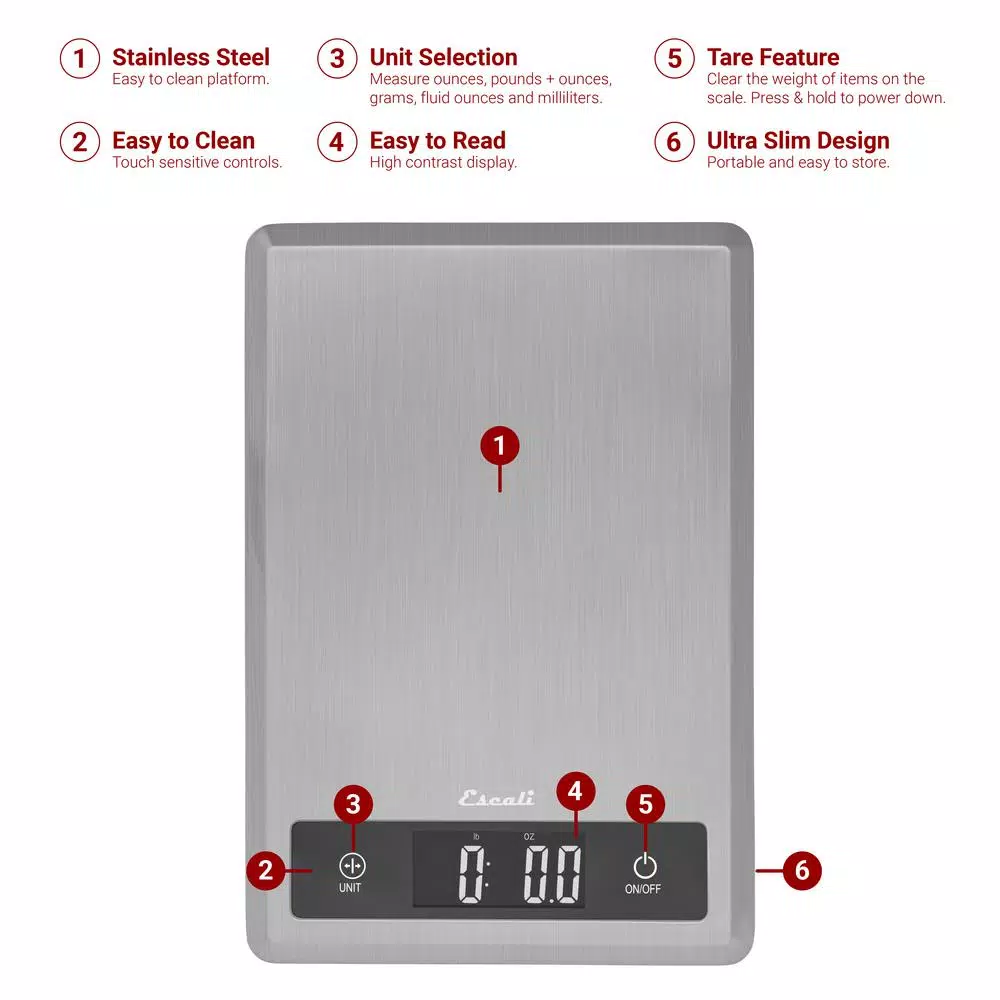 Escali Tabla Ultra Thin Digital Food Scale, Stainless Steel, 11 lb Capacity
