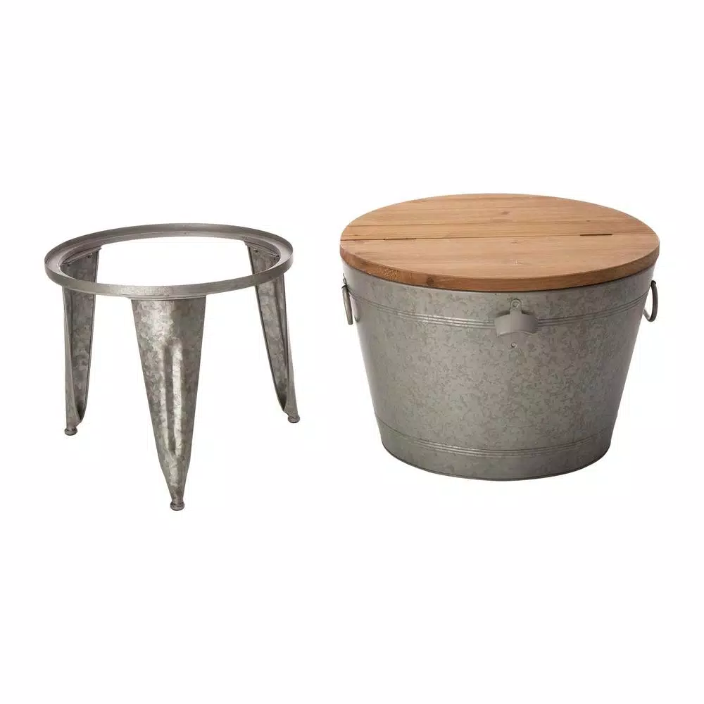 Glitzhome 26.29 in. Gray Galvanized Metal Beverage Tub with Firwood Lid and Metal Stand
