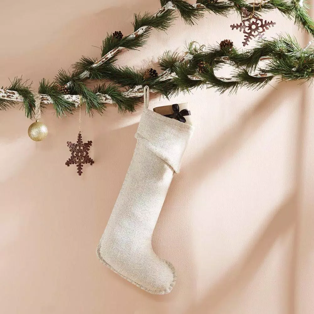 VHC Brands 20 in. Nowell Farmhouse Creme Burlap Christmas Stocking with Silver Metallic Whip Stitching
