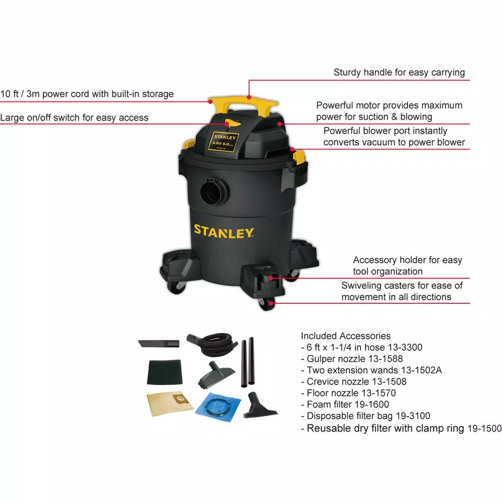 Stanley 6 Gal. Wet/Dry Vacuum, 4.0 Peak HP, Poly Container with Blower Port