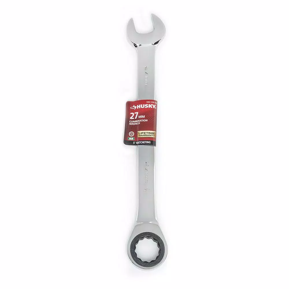 Husky 27 mm 12-Point Ratcheting Combination Wrench, 72-Tooth, Chrome Alloy Steel