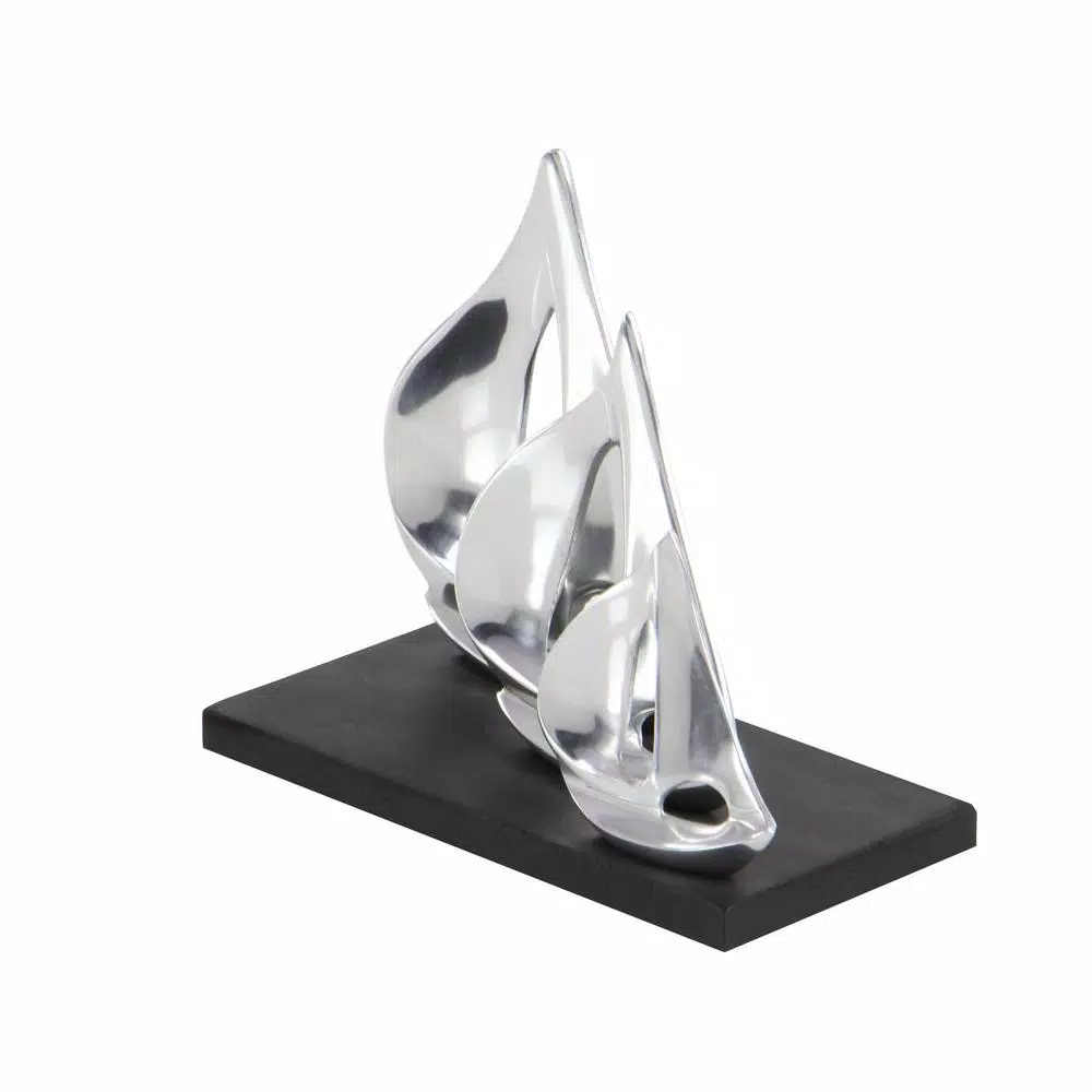 LITTON LANE 9 in. Stylized Sailboat Decorative Sculpture - Polished Silver Aluminum on Black Wood Base