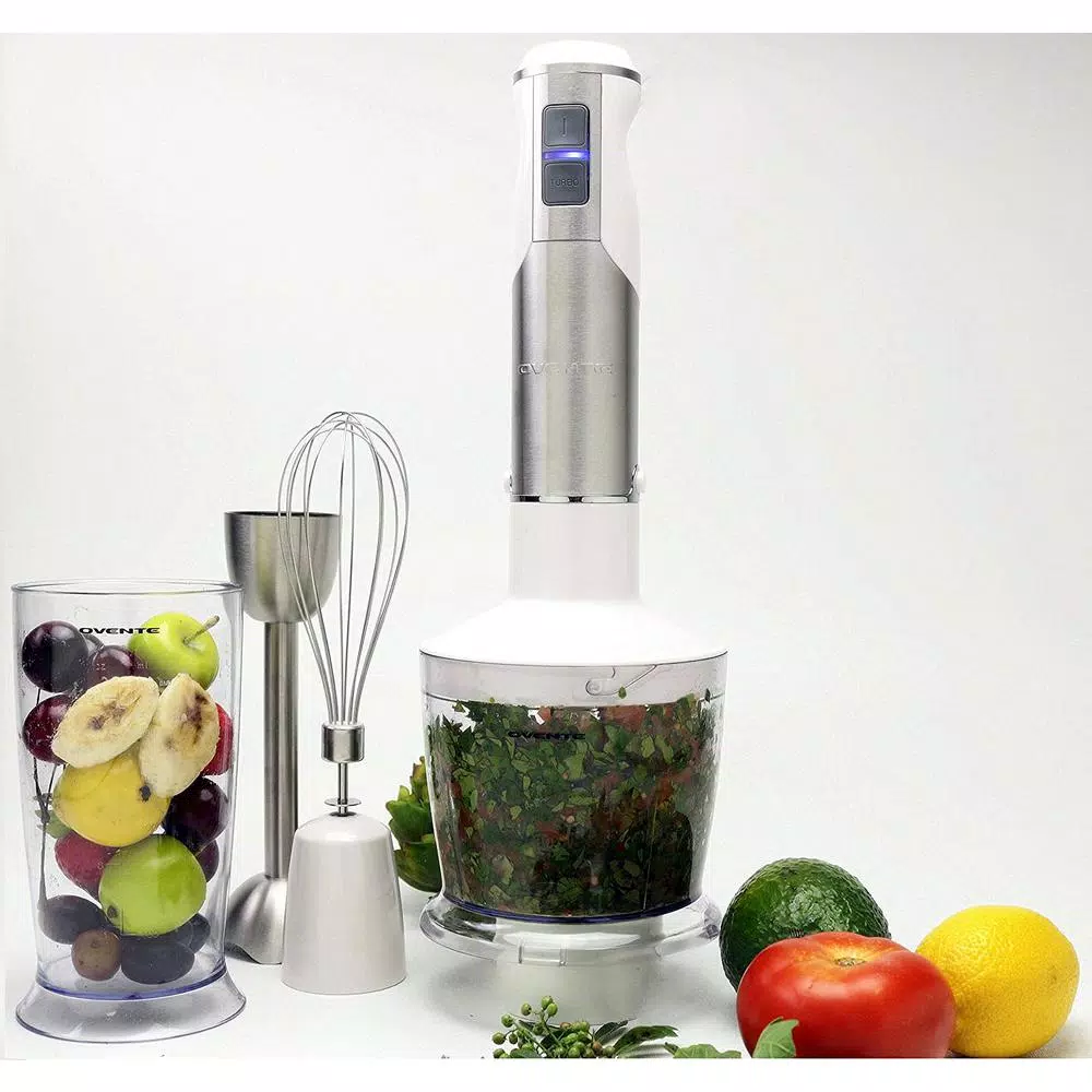Ovente HS665 500W Immersion Blender Set with Chopper, Whisk, and 20.3 oz Beaker - 6-Speed White