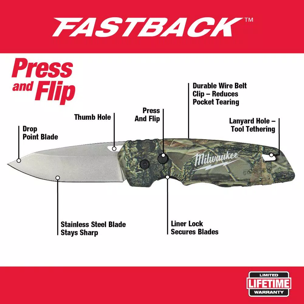 Milwaukee FASTBACK Camo Stainless Steel Folding Knife with 2.95 in. Drop Point Blade