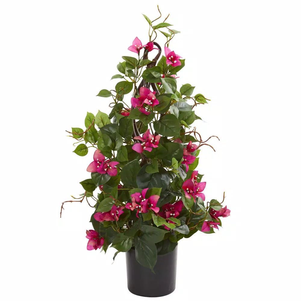 Nearly Natural 24 in. Artificial Bougainvillea Climbing Plant with Pink Blossoms and Stone Pot