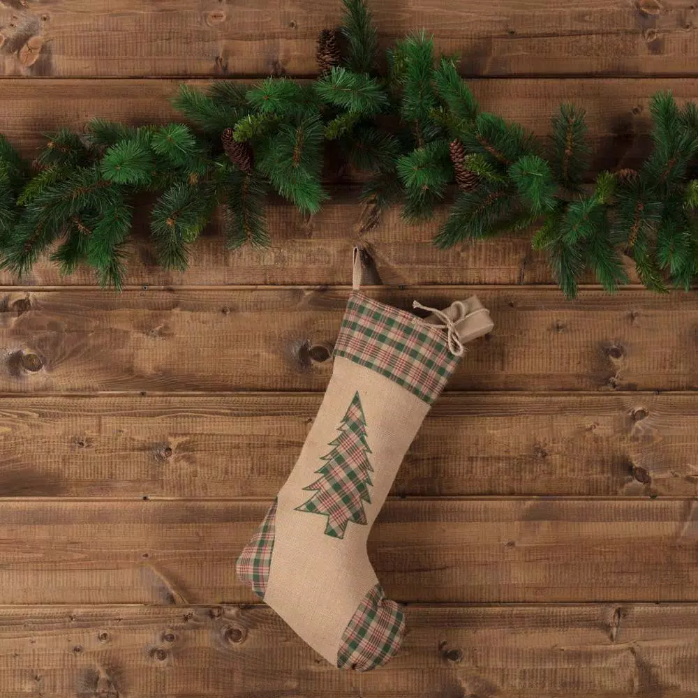 VHC Brands 20 in. Clement Deep Red Rustic Christmas Decor Tree Appliqued Stocking
