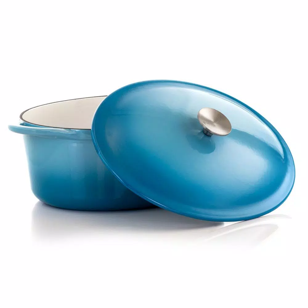 MegaChef 7 Qt. Oval Enameled Cast Iron Casserole Dish with Lid, Blue