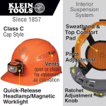 Klein Tools Vented Orange Cap Style Hard Hat with Removable Headlamp thumbnail 2