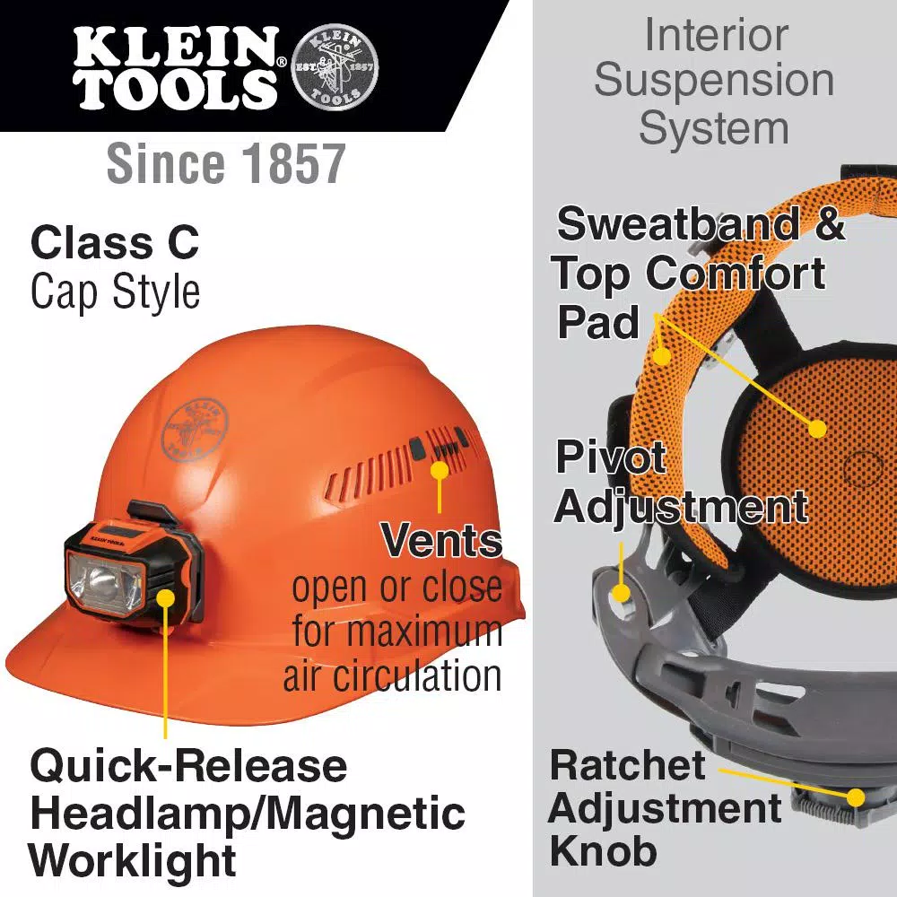 Klein Tools Vented Orange Cap Style Hard Hat with Removable Headlamp