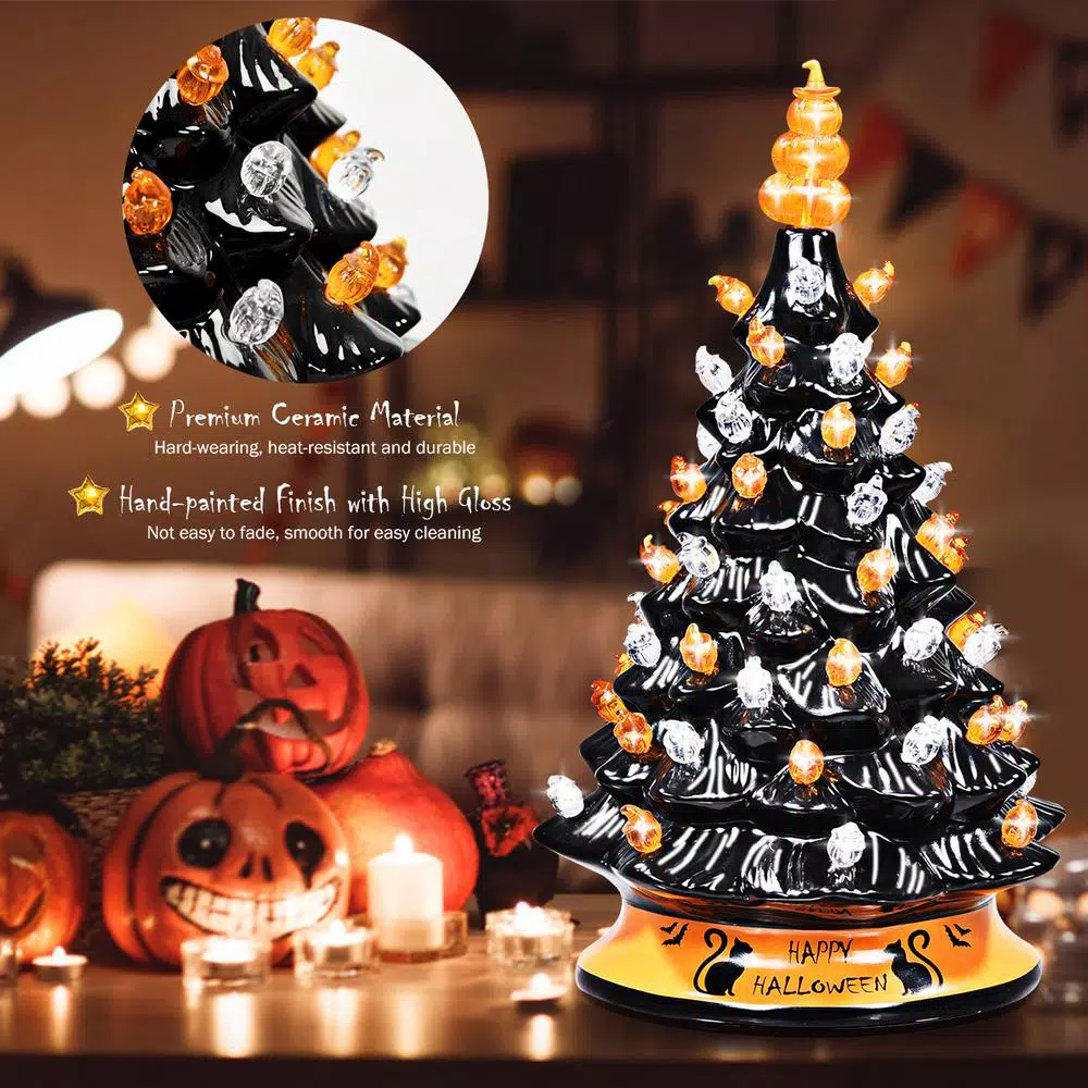 Costway 15 in. Black Ceramic Hand-Painted Halloween Tree with LED Lights and Pumpkin Top