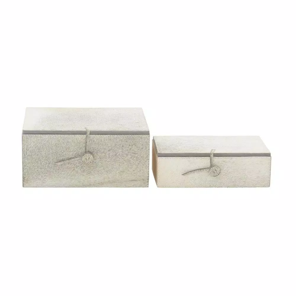 LITTON LANE Natural Reflections Gray Real Leather Hide and Wood Decorative Box Set of 2