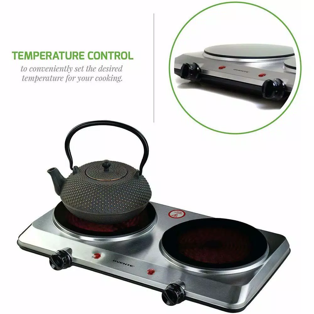 Ovente 1500W Double Burner Infrared Hot Plate, 7.5 in. Ceramic Glass Cooktop with Temperature Control