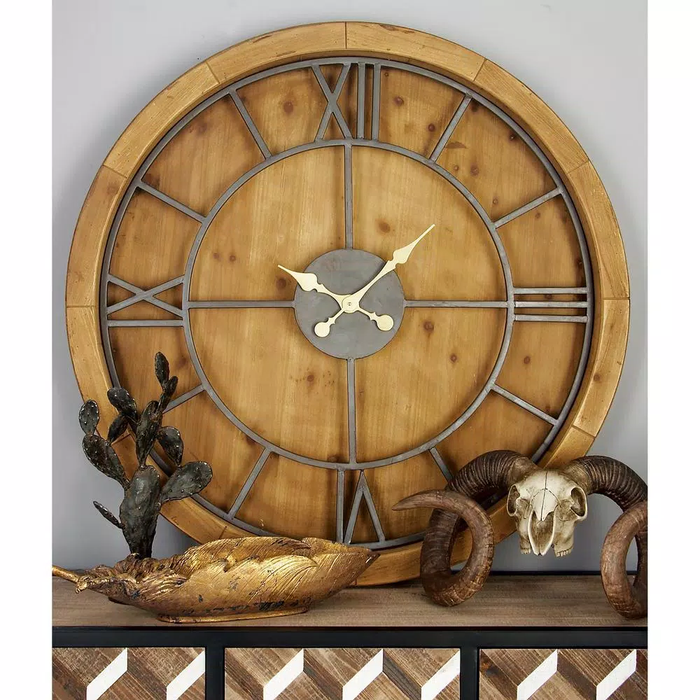 LITTON LANE 40 in. Rustic Round Cypress Wood Wall Clock with Roman Numerals