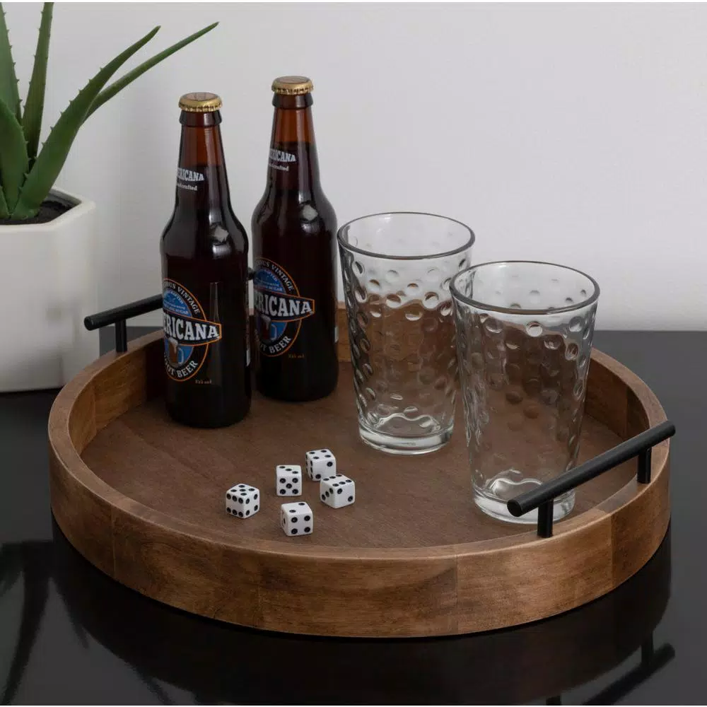 Kate and Laurel Lipton Rustic Brown Round Decorative Wood Tray with Metal Handles