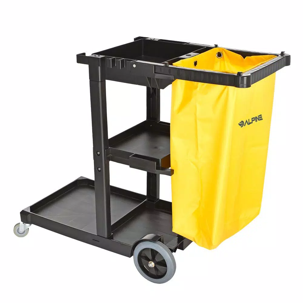 Alpine Industries 3-Shelf Janitorial Cleaning Cart with 18.5 Gal Vinyl Bag