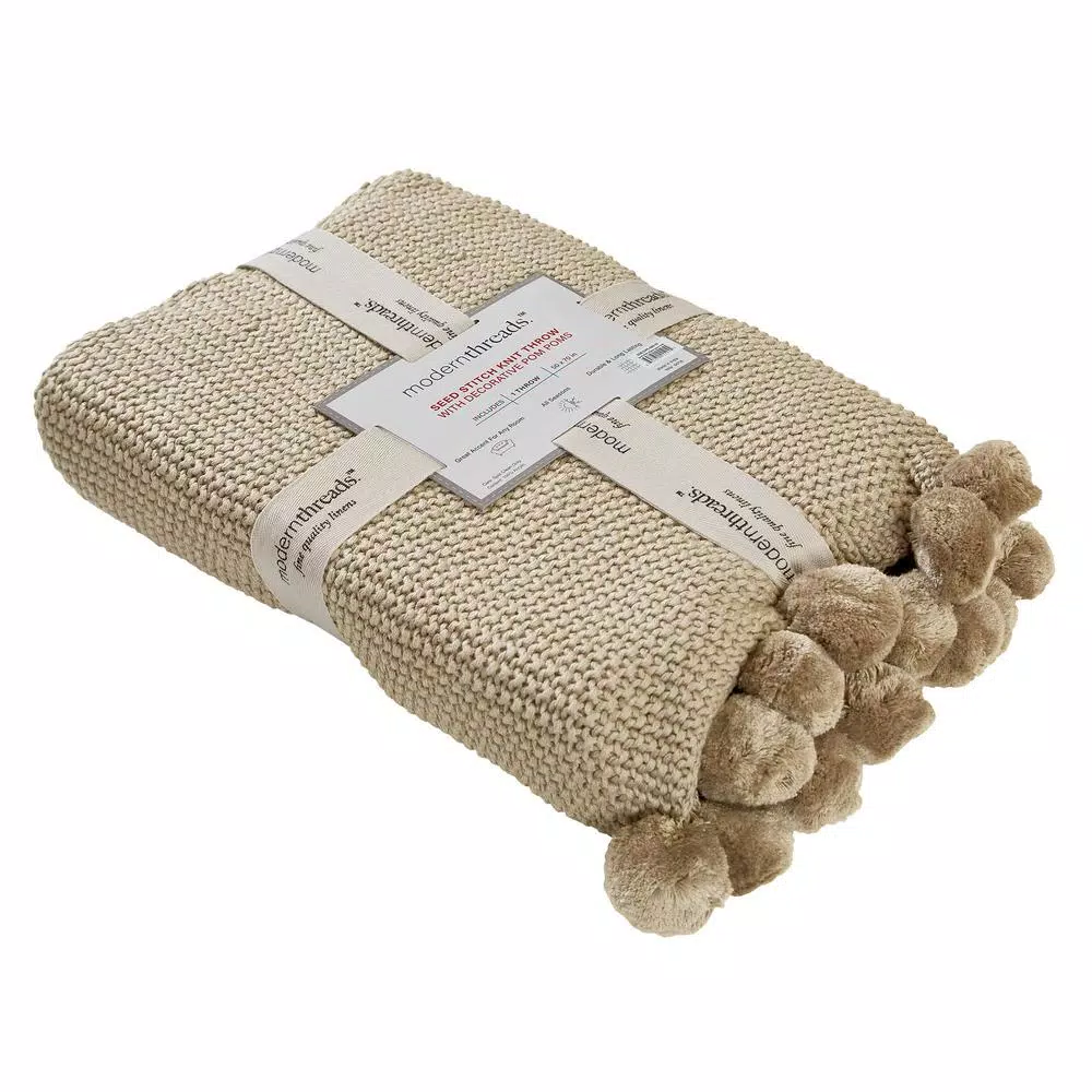 MODERN THREADS Sand Cotton Cable Knit Throw Blanket with Pom Poms