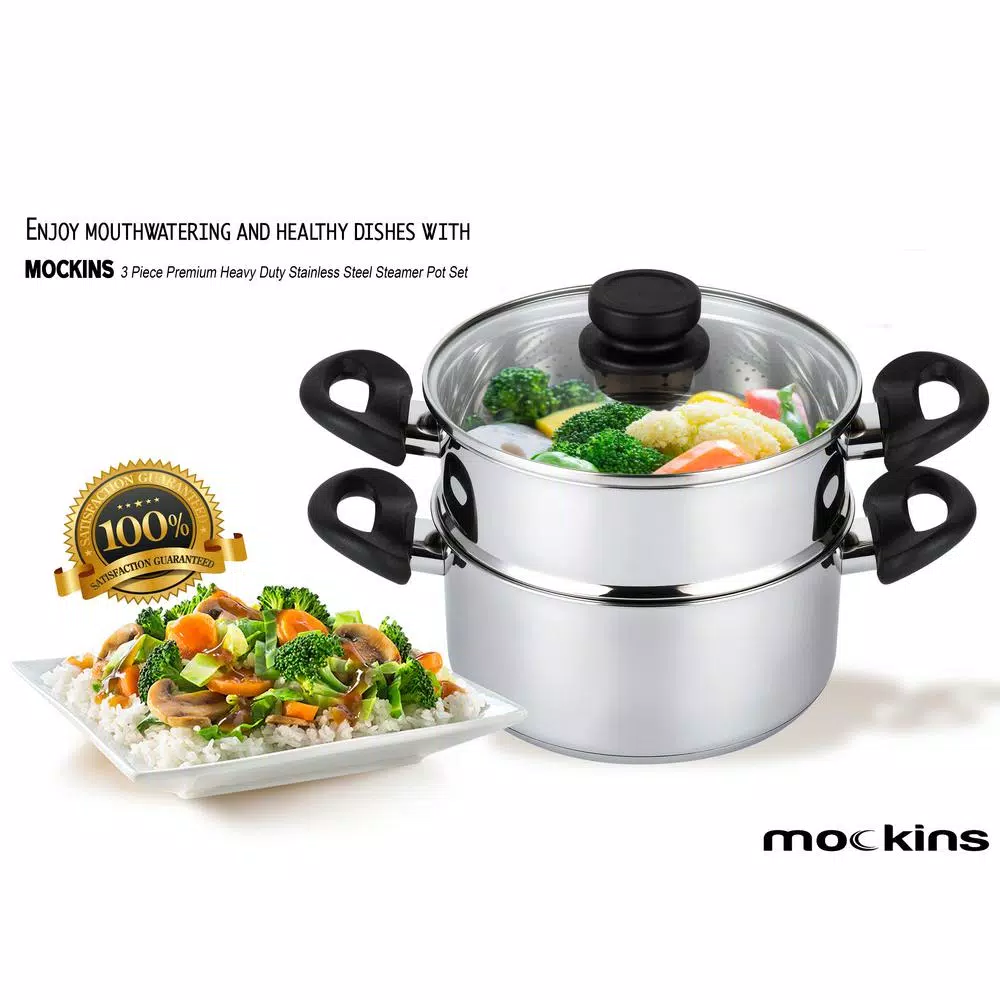 Mockins 3-Piece Stainless Steel Steamer Pot Set with 3 Qt. Saucepot and 2 Qt. Steamer Insert