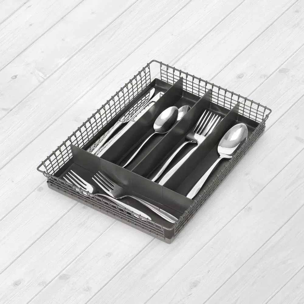 Spectrum Vintage Industrial Gray Steel 5-Compartment Silverware Drawer Organizer Tray