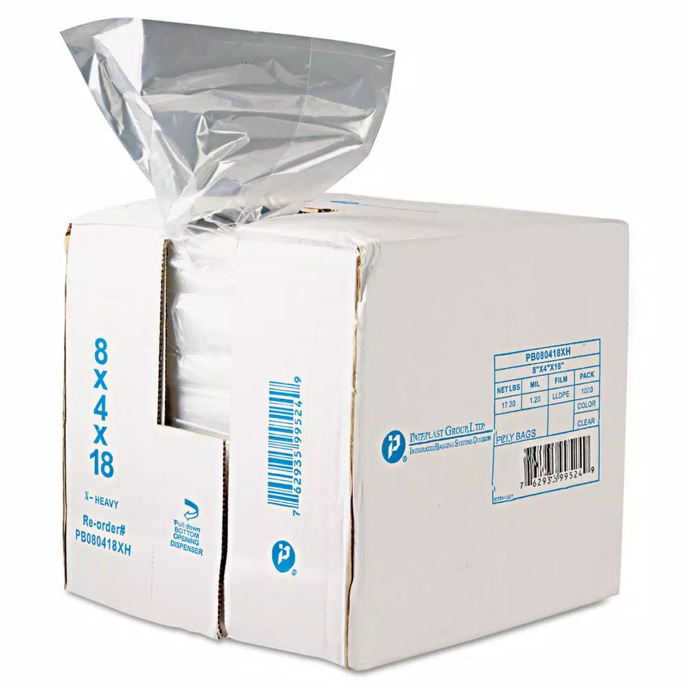 Inteplast Get Reddi Food & Poly Bags, 8 x 4 x 18 in, 8-Quart, 0.68 Mil, Clear, 1000/Carton