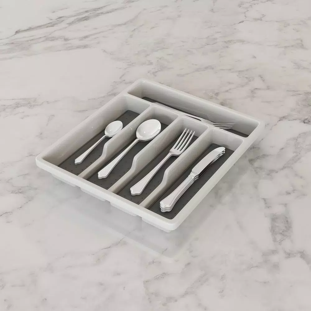 Lavish Home 5-Compartment White Silverware Drawer Organizer with Non-Slip Rubber Liner