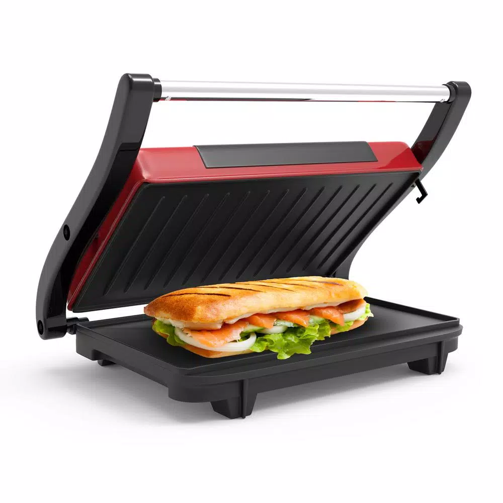 Chef Buddy 760W Red Non-Stick Panini Press and Countertop Grill
