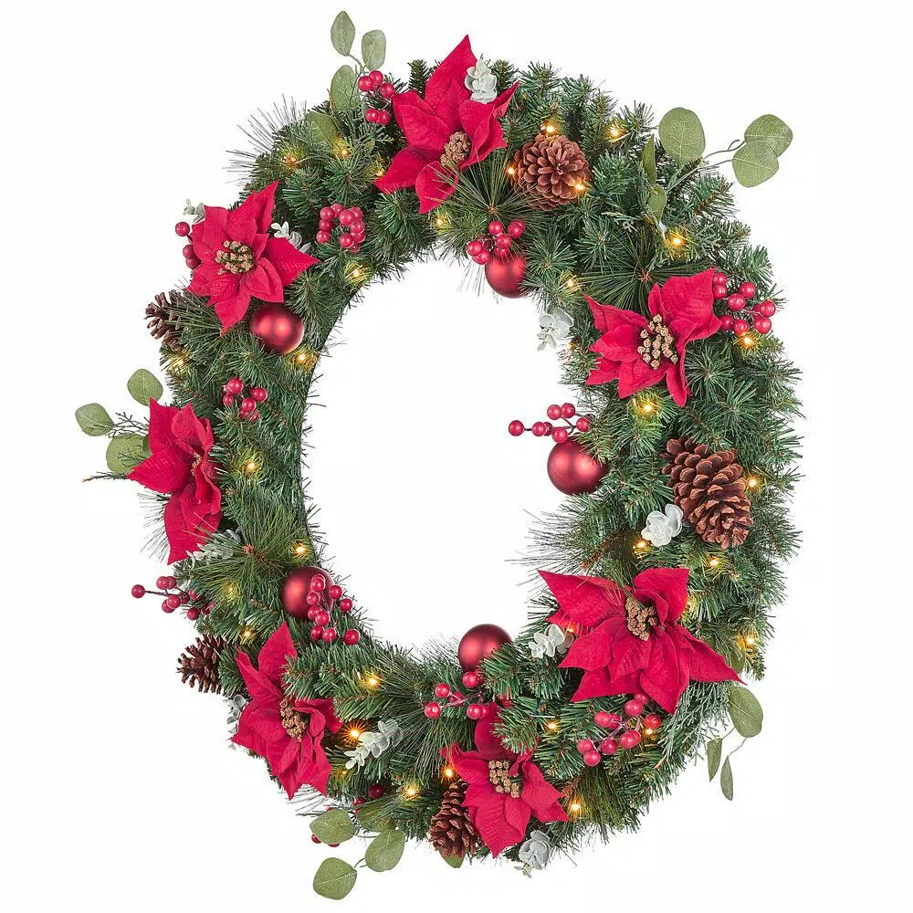 Home Accents Holiday 36 in. Berry Bliss Pre-Lit Artificial Christmas Wreath with Warm White LED Lights and Timer