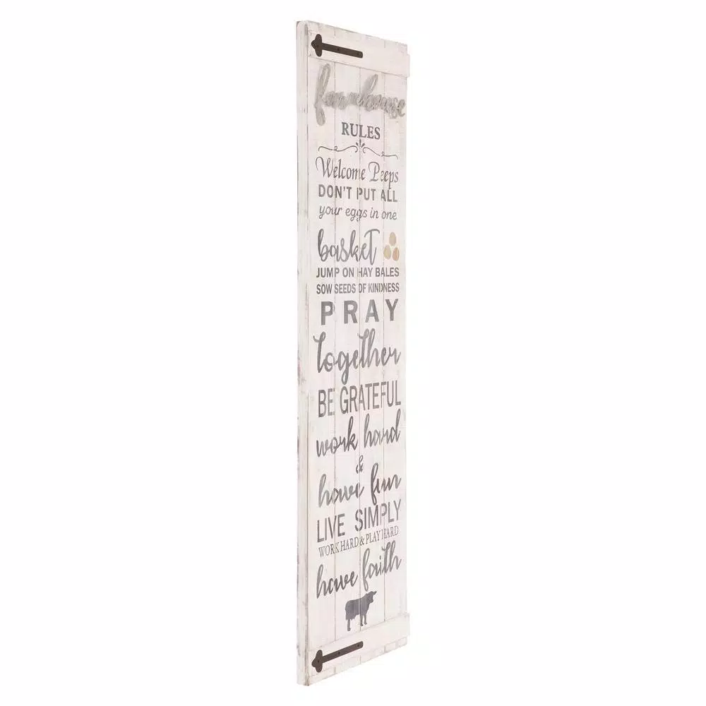 Pinnacle Patton Wall Decor Farmhouse Rules Rustic White Wood Plank Barn Door Sign, 47.5 x 13.5 in.