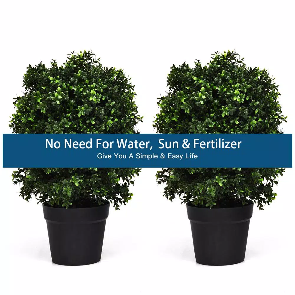 Costway 24 in. Artificial Boxwood Topiary Ball Tree Set of 2 - Indoor/Outdoor Faux Greenery
