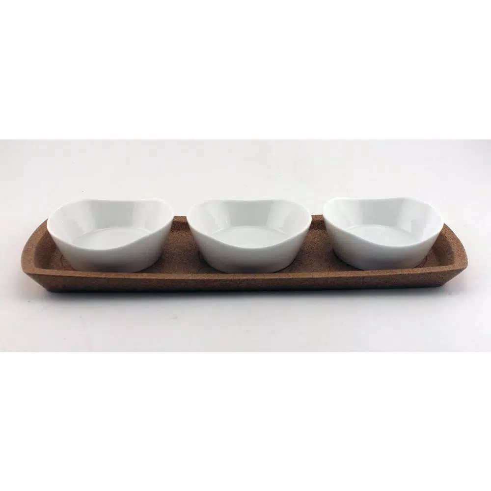 BergHOFF Eclipse 4-Piece Porcelain Snack Bowl Set with Cork Tray, White