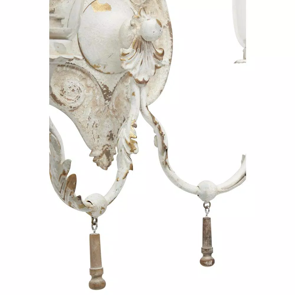 LITTON LANE Distressed White 2-Light Candle Sconce with Acanthus Carvings and Wood Bead Accents