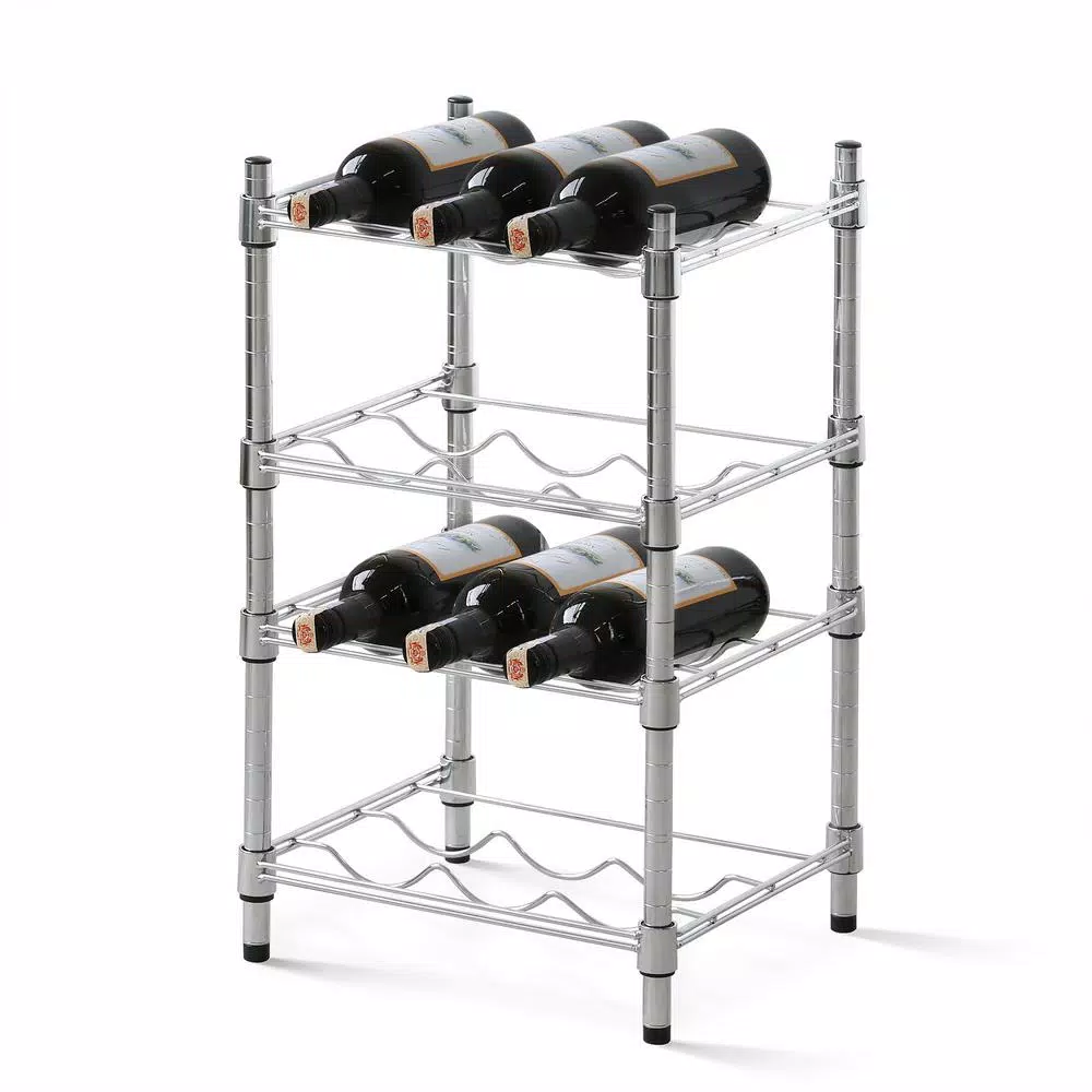 Furinno Wayar 4-Tier Silver Chrome Wine Rack, 12-Bottle Capacity Heavy Duty Steel Shelving
