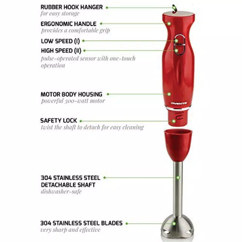 Ovente 300W Immersion Blender, 2-Speed Handheld Stick Mixer with Stainless Steel Blades, Red (HS560R)