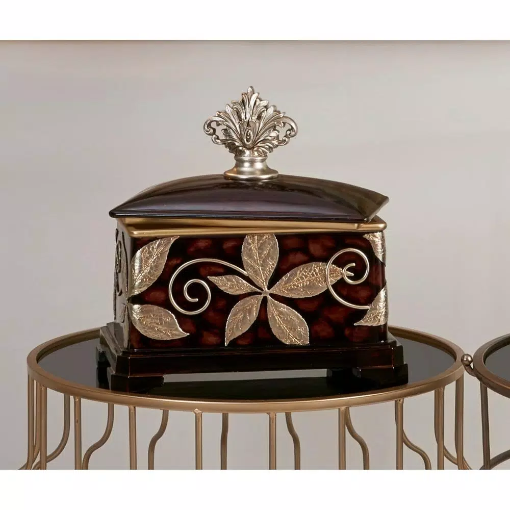 ORE International Folius 11.5 in. Floral Foliage Jewelry Box, Cherry Brown with Silver Accents
