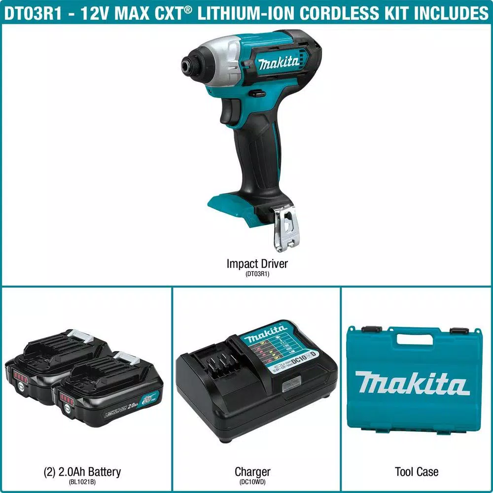 Makita 12V MAX CXT Cordless 1/4 in. Impact Driver Kit with (2) 2.0Ah Batteries, Charger, and Hard Case