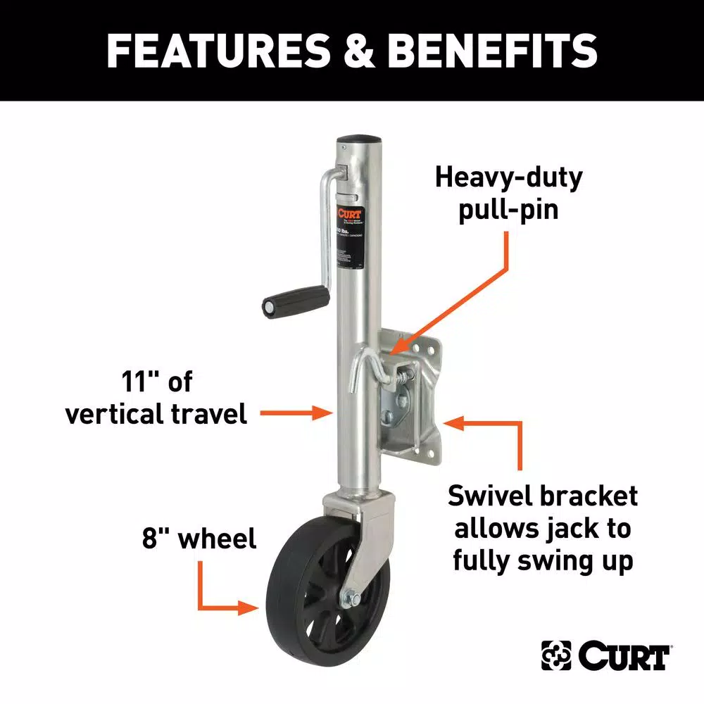CURT Marine Trailer Jack with 8" Wheel, 1,500 lbs. Capacity, 10" Travel