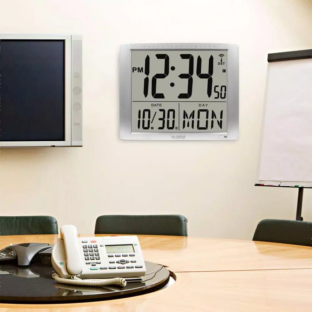La Crosse Technology 16 x 20 in. Super Large Atomic Digital Wall Clock - Silver Modern Electronic Timepiece