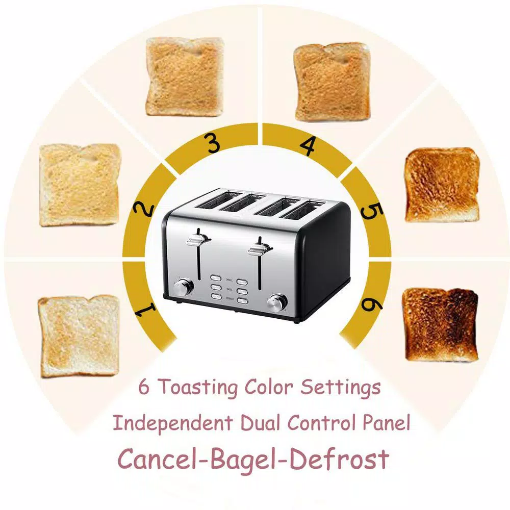 Boyel Living 1650W 4-Slice Wide Slot Toaster with Dual Independent Control Panels, Stainless Steel