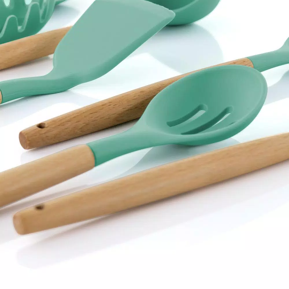 MegaChef 9-Piece Mint Green Silicone and Wood Kitchen Utensil Set with Ceramic Holder