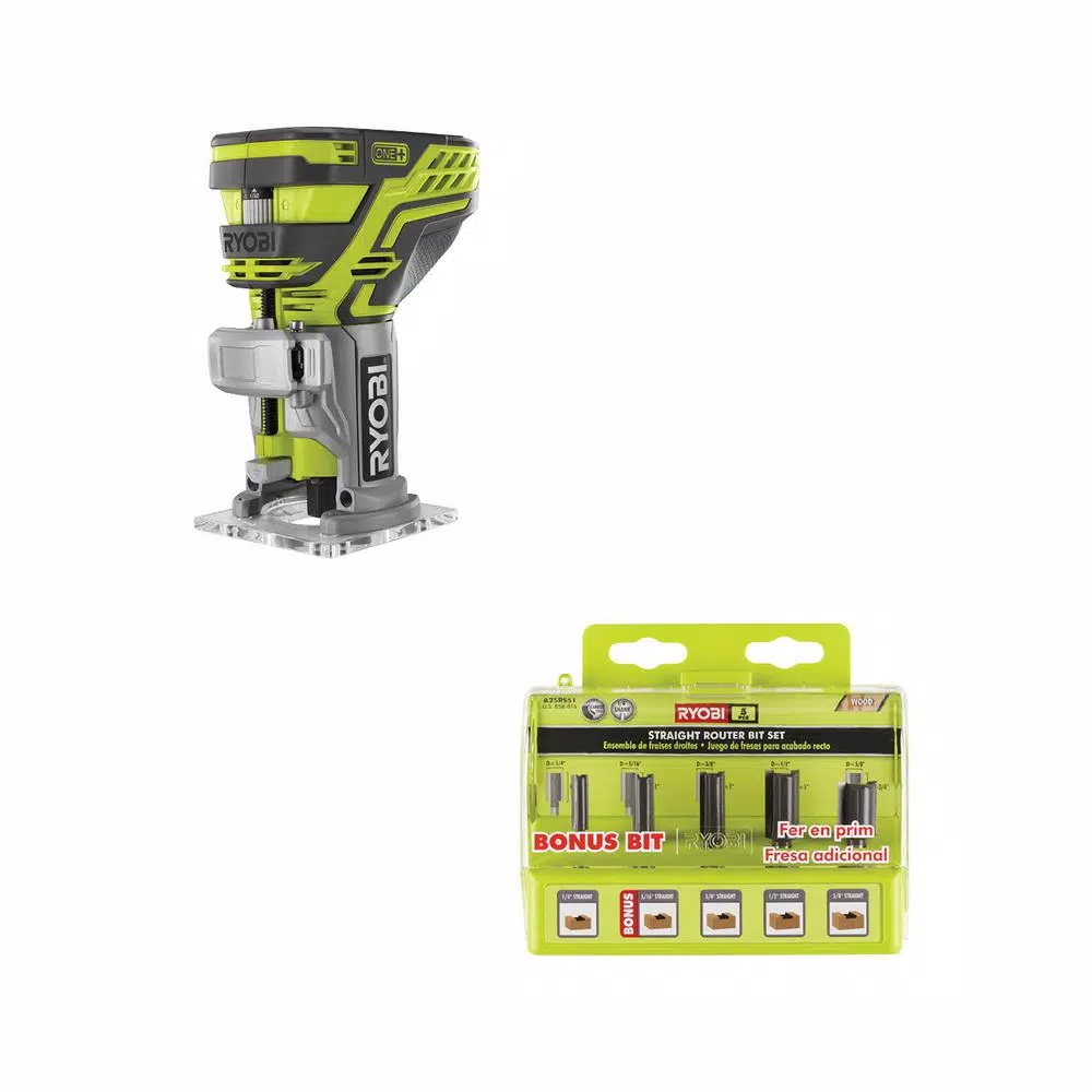 RYOBI 18V ONE+ Cordless Fixed Base Trim Router with 5-Piece Straight Bit Set (Tool Only)