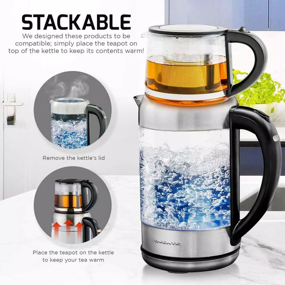 Ovente KG612S 1.7L Glass Electric Kettle with ProntoFill Technology and Reusable Teapot Infuser, Silver