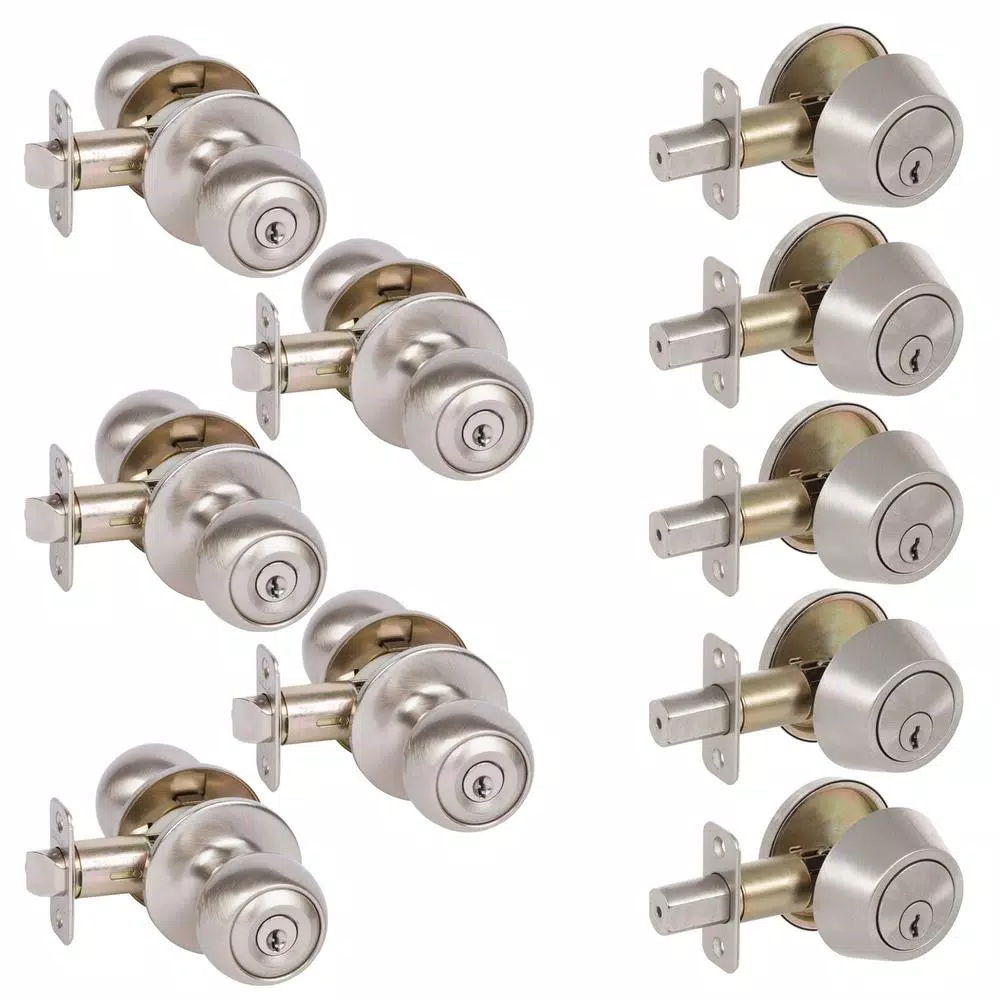 Delaney Hardware Callan Fairfield Satin Nickel Entry Door Lock Combo Pack - 5 Round Knobs & 5 Deadbolts, Keyed Alike