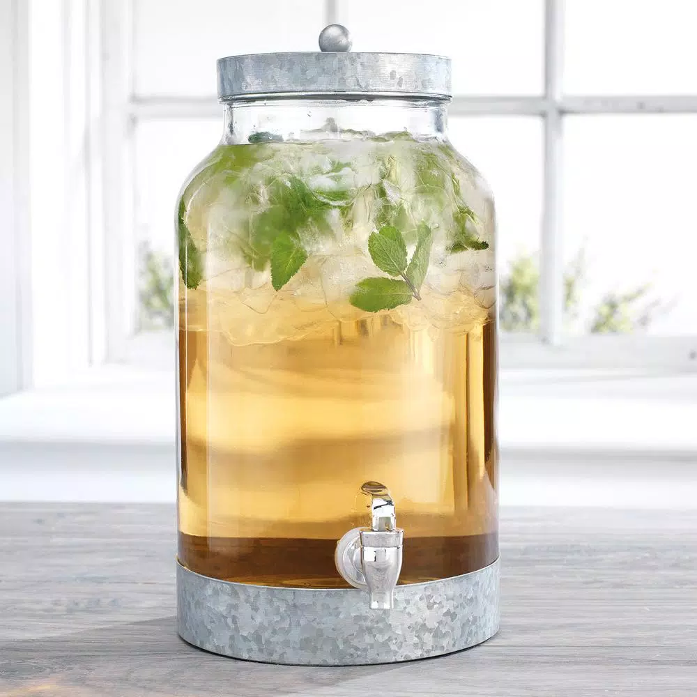 HOME ESSENTIALS AND BEYOND Fiddle and Fern 1.5 Gal. Glass Beverage Dispenser with Galvanized Lid and Stand