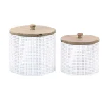 LITTON LANE White Iron Mesh Round Canisters with Wooden Lids, Set of 2 thumbnail 2