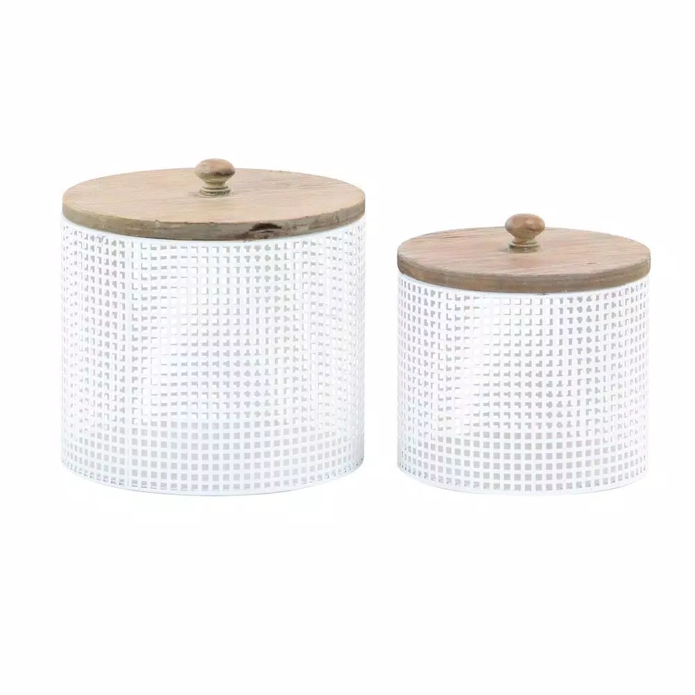 LITTON LANE White Iron Mesh Round Canisters with Wooden Lids, Set of 2