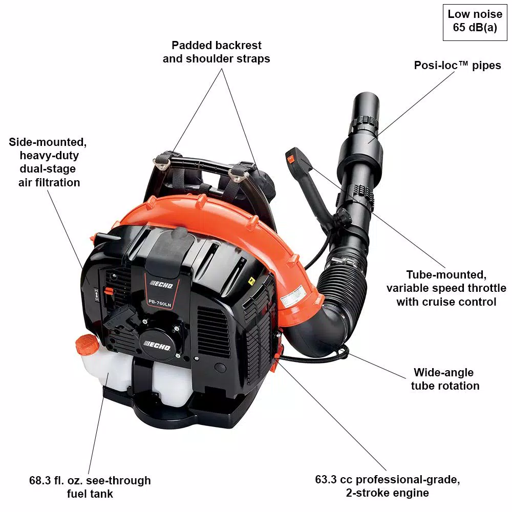 ECHO PB-760LNT 63.3 cc Gas Backpack Leaf Blower, 535 CFM, 214 MPH