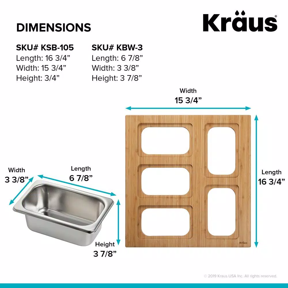 KRAUS Workstation Kitchen Sink Accessory Set with Bamboo Serving Board and 5 Stainless Steel Prep Bowls