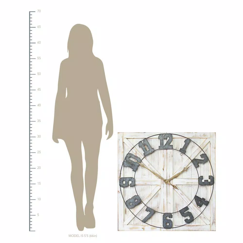 Stratton Home Decor White Rustic Farmhouse Wall Clock, Oversized Wood and Metal Square Design