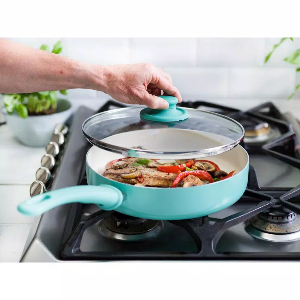 GreenLife Soft Grip 5 Qt. Aluminum Ceramic Nonstick Saute Pan with Glass Lid, Turquoise